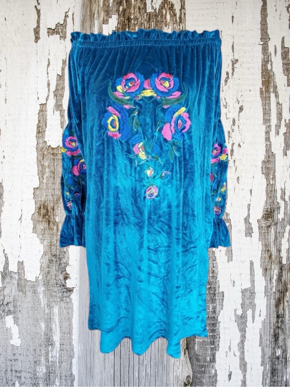 Merigold Kiss NWT Boho Velvet Floral Off-The-Shoulder Embroidered Dress L